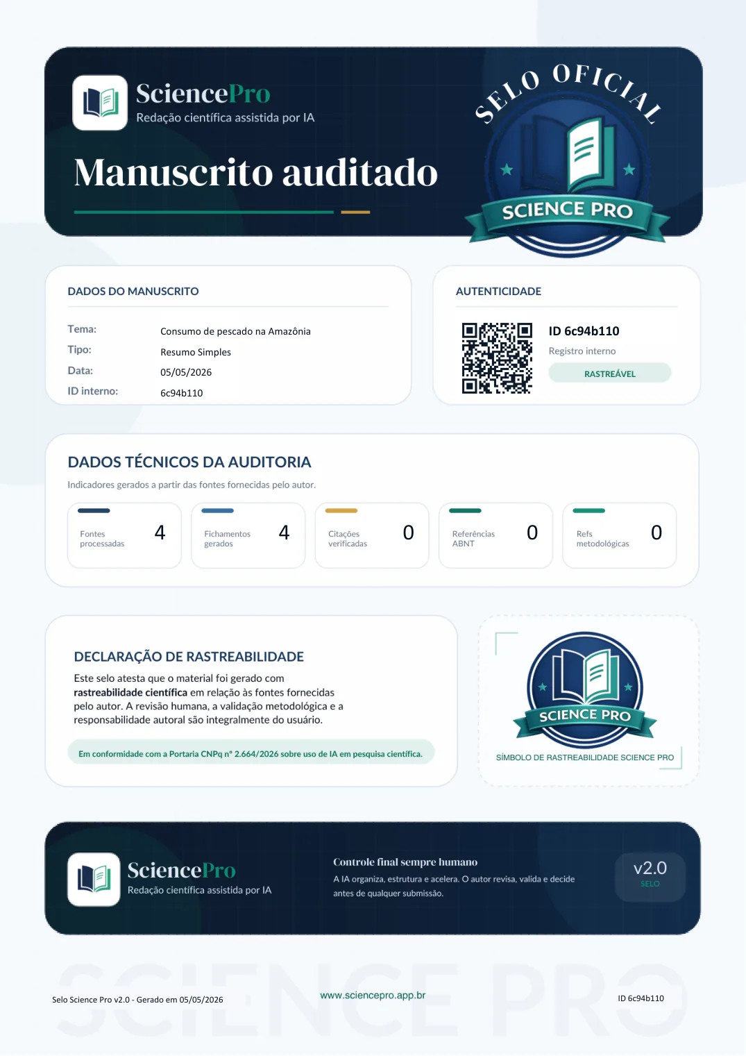 Selo de Rastreabilidade Científica Science Pro — manuscrito auditado, ID interno 6c94b110