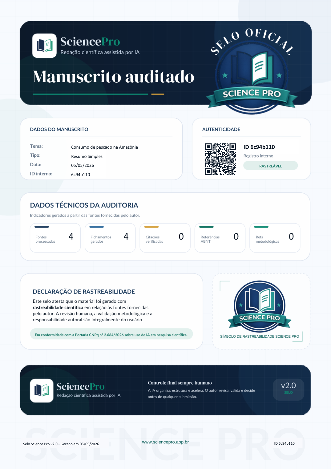 Selo de Rastreabilidade Science Pro · exemplo de manuscrito auditado